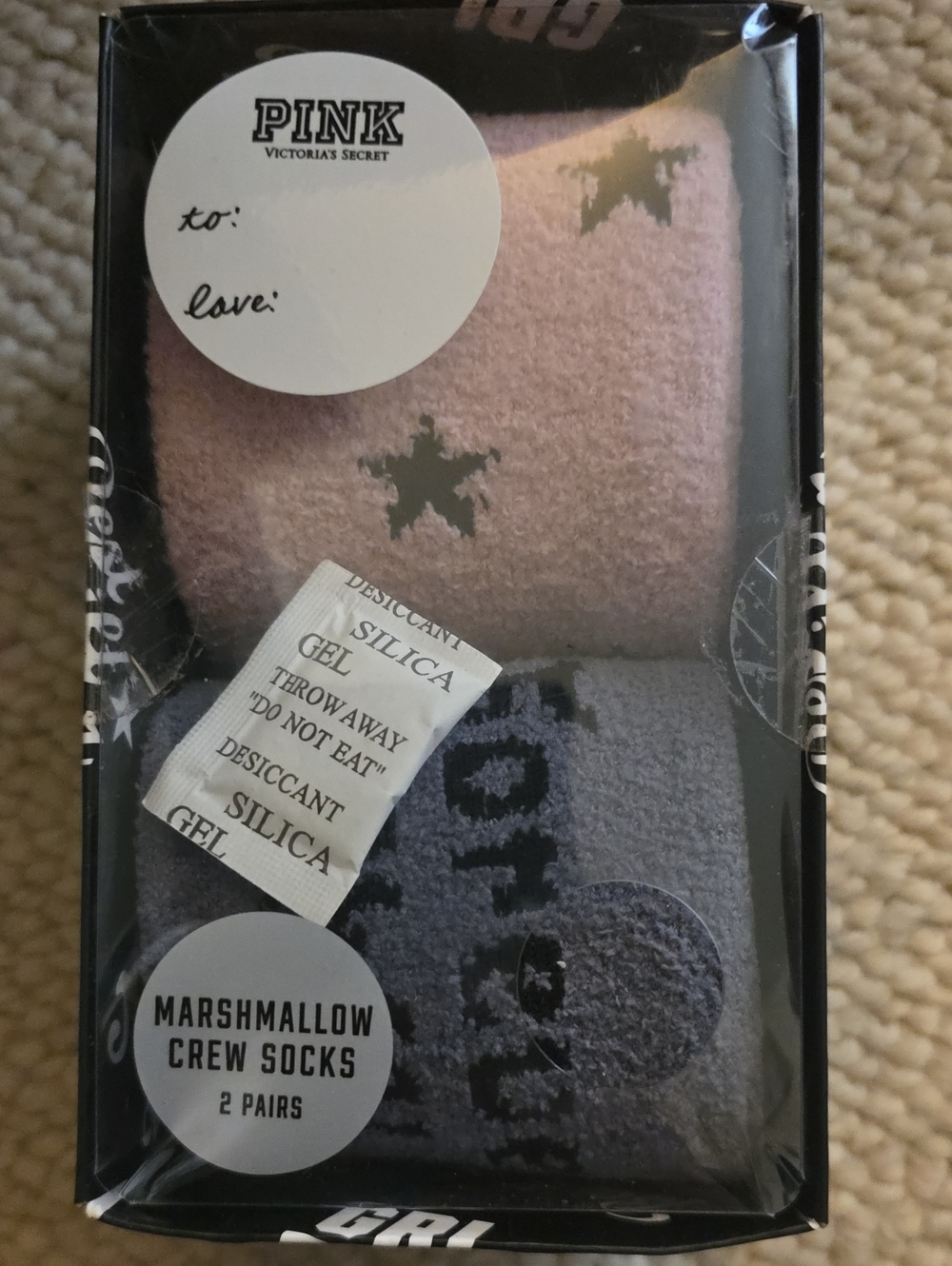 PINK Victoria's Secret Marshmallow Crew Socks - Pink & Gray Stars